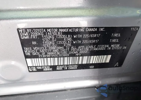 2025 Toyota Rav4 Le из США, поврежденный, VIN 2T3H1RFV4SC303869